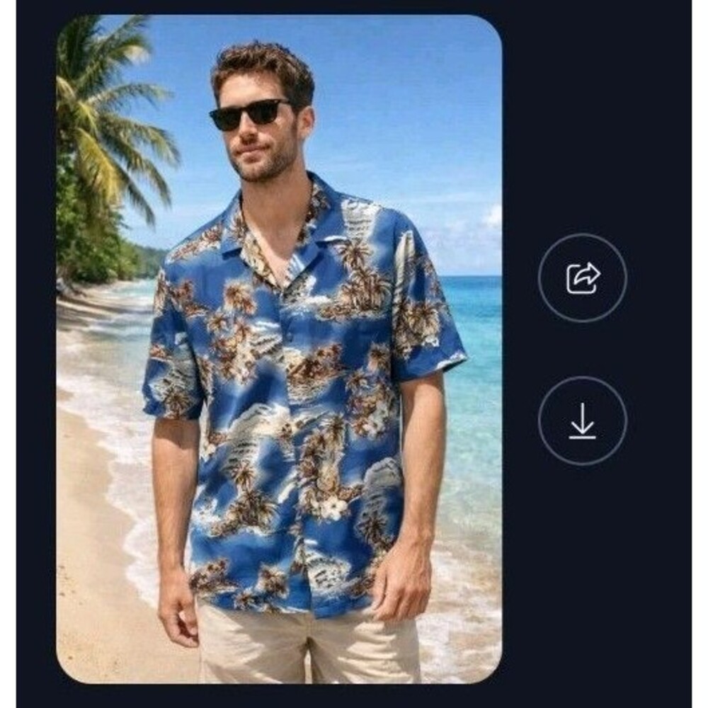 THE HAWAIIAN ORIGINAL SHIRT L POCKET BUTTON BLUE PALM TREES FLORAL